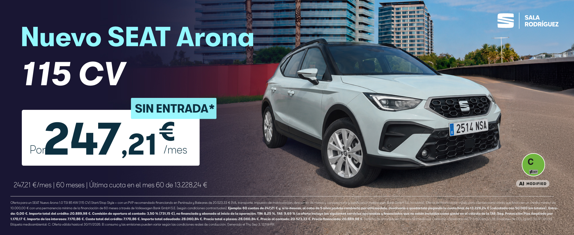 Nuevo SEAT Arona 115 CV por 247,21 €/mes y SIN ENTRADA.*